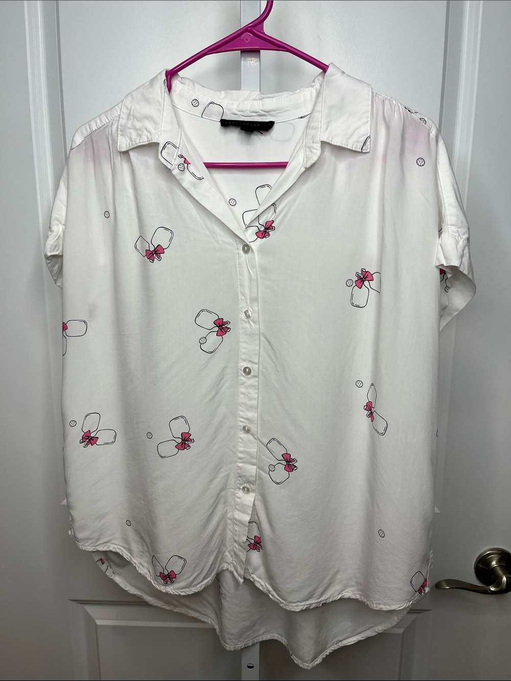 Jane and Delancey White Short-Sleeve Button Shirt with Pickleball Paddles Medium